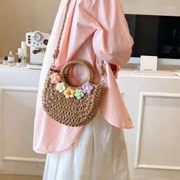 Evening Bags Retro Khaki Beige Beach Women's Handbags 2023 Summer Cute Flower Daisy Decor Straw Weave Bohemia Shoulder Femme Bolsos