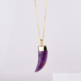Pendant Necklaces New Vintage Quartz Crystal Necklace For Women Gold Chain Natural Stone Amethyst Pendants Jewelry Drop Delivery Dhskf