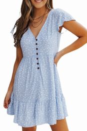 Himmelblaues, geblümtes, geknöpftes Babydoll-Kleid mit V-Ausschnitt und Rüschensaum M0fh#