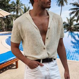 Men's Casual Shirts Gentleman Solid Knitted Cardigan Shirts Spring Summer Men's Lapel Poloshirt Thin Short Sleeve Sexy V Neck Buttons Male Clothing 230515