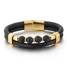 Chain Layered Braided Leather Bracelets For Men Link Strand 8Mm Stone Beads With Magnetic Clasp Wrist Band Rope Cuff Bangle Lapis La Dhj7E