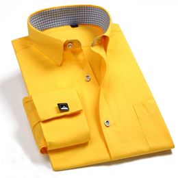 Men's Casual Shirts Fashion Mens French Cufflinks Dress Shirts Long Sleeve Yellow White Blue Social Business Regular Fit Wedding Party Shirt For Man 230516