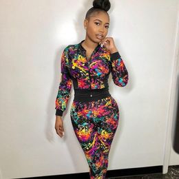 Women's Two Piece Pants Streetwear Tie Dye Tracksuit Women Set Zipper Crop Top And Color Patchwork 2 Outfits Joggers