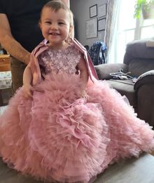 Girl Dresses Extra Fluffy Pink Flower Dresse For Wedding Appliqued Kids Birthday Gown Tiered Ruffles Children Toddler Baby Pageant Dress