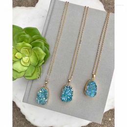 Pendant Necklaces NM36636 Natural Aqua Druzy Crystal Free Form Gold Plated Chain Necklace Mothers Day Gift Minimalist Jewellery