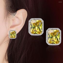 Stud Earrings 3 Carats Luxury Square Yellow Crystal Citrine Diamonds Gemstones For Women White Gold Silver Colour Trendy Jewellery