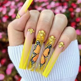 False Nails 2023 Press On Nails-24pc With Butterfly Flower Long Coffin Wearable French Ballerina Fake Full Cover Nail Tips