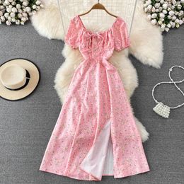 Casual Dresses Summer Vintage Dress Blue Floral Summer Bubble Sleeve Tie Up Sexy Dresses Women Aline Print Split Long Dress Elegant Vestidos 230515