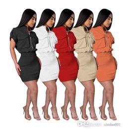 Designer Womens Casual Dresses 2023 Solid Color Zipper Stand Collar Pocket Tops High Waist Short Sleeve Slim Sexy Skirt