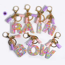 Sweet Rainbow Soft Clay Filled Letter Keychain Women Wallet Bag Charms Acrylic Crystal 26 Initials Pendant With Key Ring Tassel