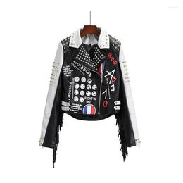 Women's Jackets American Map Tassels Punk Faux Leather Jacket Women Graffiti Studded Rivet Fashion Streetwear Motorcycle Coat