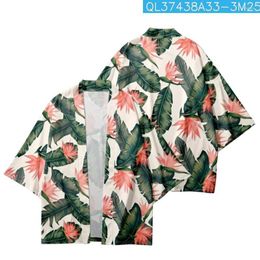 Ethnic Clothing Couple Women Men Green Leaves Red Flower Printed Loose Cardigan Haori Yukata Casual Summer Kimono Beach Shorts Streetwear