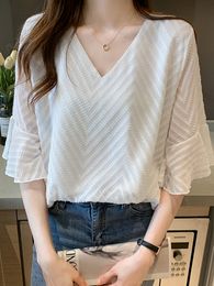 Women s Blouses Shirts Blus Mujer De Moda Verano Atasan Wanita V Neck Sifon Putih Kemeja Lengan Pendek E688 230516