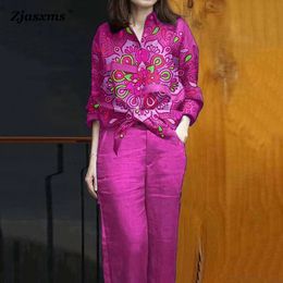 Women's Two Piece Pants Set pakaian jalanan wanita Vintage kerah rebah lengan panjang dua potong mode musim semi kasual bermotif kemeja saku celana setelan 230515