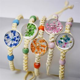 Bangle Handmade Natural Dry Flower Rope Strand Bracelet Glass Cover Blossom Charms Adjustable Women Girl Jewellery