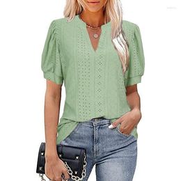 Women's T Shirts Women Casual Blouses Summer European & American V-Neck Solid Color Hollow Puff Sleeve Design Women's Loose Fashion