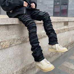 Mens Jeans Heavy Industry Hole Frayed Destruction Waxed High Street Retro Straight Ripped Pencil Pants Oversize Denim Trousers 230516