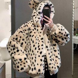 Women's Fur Autumn Winter Jacket Women Sweet Cute Hooded Ears Plush Coat Loose Fashion Leopard Print Thick Warm Faux