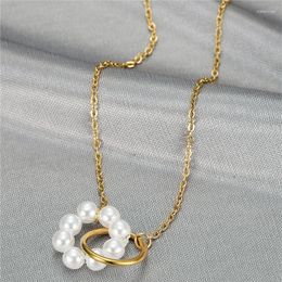 Pendant Necklaces Fashion Exquisite Double Round Piece Pearl Necklace For Women Gold Colour Clavicle Stainless Steel Elegant Jewellery Gifts