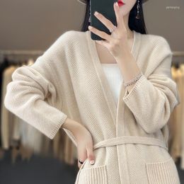 Women's Knits 2023 Spring Cashmere Sweater Women's V-Neck Belt Cardigan Merino Wool Knitted Top Fashion Korean Version