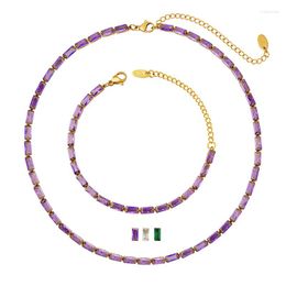 Pendant Necklaces Fashion Square Purple Green White Zircon Tennis Chains Necklace And Bracelet Jewellery Set