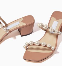Top Luxury Brand Amara Women Sandals Shoes Pearl & Crystal embellishment Strappy Block Heels Slip On Mules Ladies Casual Party Dress Flip Flops EU35-43