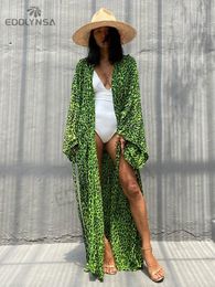 Cover-up 2023 Blue Sexy Bikini Coverups Casual Long Sleeve Ankle Length Belt Long Kimono Dress Women Beach Wear Swim Suit Cover Up A1046