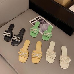 Slippers 2023 Women Open Toe Pearl Chain Summer Beach Shoes Green/White/Soft Flip Flops Comfortable Sandals