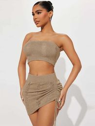 RUKAS Knit 2 Piece Sets Strapless Solid Cut Out Sexy Crop Tube Top Shirring Bandage Skirt Women Fashion Beach Vacation Outfit