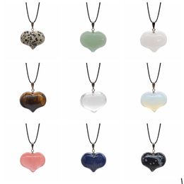 Pendant Necklaces Fashion Heart Shape Pendants Natural Stone Choker Necklace Tiger Eye Opal Aventurine Leather Chains Reiki Chakra D Dhkw0