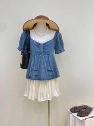 Women's Blouses Summer 2023 Denim Cropped Top Square Neck Fashion Puff Sleeve Shirt For Women