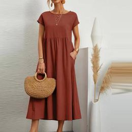 Casual Dresses Women Elegant Solid Maxi Dress Summer Short Sleeve O Neck Vintage Harajuku Cotton Linen Loose Sundress Pockets Long