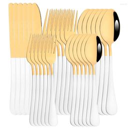 Dinnerware Sets White Gold 30Pcs Cutlery Set Stainless Steel Tableware Knife Dessert Fork Spoon Flatware Kitchen Silverware
