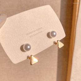 Stud Earrings Trendy 14K Real Gold Plated Pearl Geometric Triangle For Women Girl Jewelry S925 Silver Needle Party Fine Gift