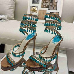 Rene caovilla Chandelier Jewelled crystal-embellished sandals leather stiletto Heels women heeled shoes Luxury Designers Ankle Wraparound shoe factory footH