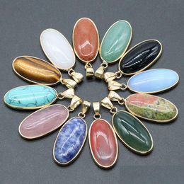 Charms Natural Agate Crystal Semiprecious Stone Gold Border Edge Egg Pendant For Jewelry Making Drop Delivery Findings Compon Dhgarden Dhfbm