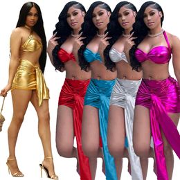 NEW Designer Summer Satin Dress Sets Women Sexy Strapless Halter Bra Top and Bandage Mini Skirt Two Piece Sets Night Club Wear Bulk Wholesale Clothes 9868