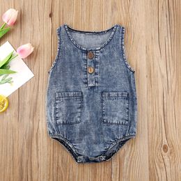 Rompers Baby Summer Clothing Denim Rompers Toddler born Baby Boys Girls Sleeveless Button Pocket Rompers Jumpsuits Casual Outfits 230516