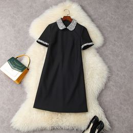 Summer Glitter Rhinestone Beaded Knee-Length Dress Short Sleeve Peter Pan Neck Black Pure Colour Elegant Casual Dresses 21W212257