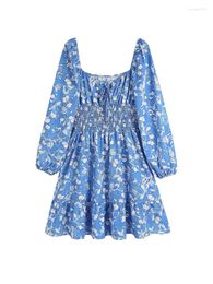 Casual Dresses YENKYE Women Blue Floral Print Summer Dress Sexy Square Neck Puff Long Sleeve Female Holiday Short Vestido