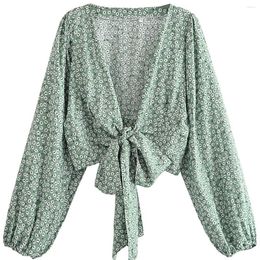 Women's Blouses Beach Robe Boho Cover-up Green Floral Print Rayon Bohemian Shirt Ladies Bow Crop Top Long Sleeve