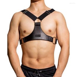 Stage Wear Black Pu Leather Chest Straps Male Pole Dance Costume Nightclub Bar Muscle Man Dancer Performance Party Clothing VDB6758