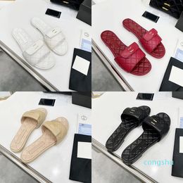 2023 Designer Luxury Round head Slides slippers Womens 100% leather outdoor Electric embroidery Chequered Open-toed Sandals lady Flat flip-flops slipper shoes si