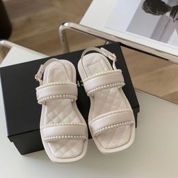 High Version Small Fragrance Pearl One Word Tape Sandals Female Leather Peep-toe Korean Version of Casual Square Toe Flat Shoes