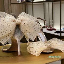 2023-Elegant Wedding Bridal Aveline Sandals Shoes Women High Heels Mesh Bows Gladiator Sandalias Averly Stiletto-heel Dress Evening Lady Pumps EU35-43