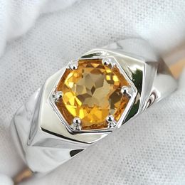 Cluster Rings Natural Yellow Citrine Men Ring 925 Silver 7.5mm Lucky Gemstone 6-prong November Birthstone Birthday Gift R515GCN