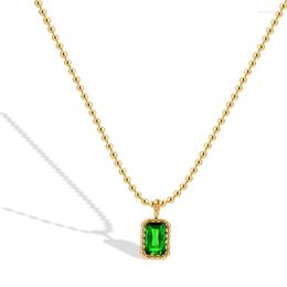 Pendant Necklaces Trendy Square Green Crystal Retro Stainless Steel 18K Gold Plated Ladies Necklace Jewelry For Women Short Chains No Fade