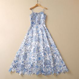 Summer Blue and White Porcelain Print Dress Hand Made Spaghetti Strap Square Neck Floral Long Casual Dresses S3M020302