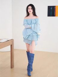 Women's Blouses Women's Clothing For Spring And Summer 2023 Blue Off-Shoulder Ruffled Shirt 0513