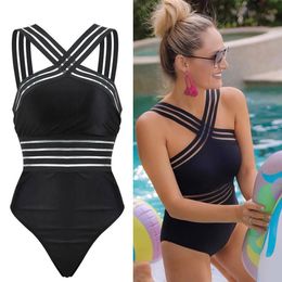 Onepiece Suits Sexy Black Striped Bikini Womens Bandage Push Up Monokini Swimwear Swimsuit Beach Triangle Bathing Suit 230515